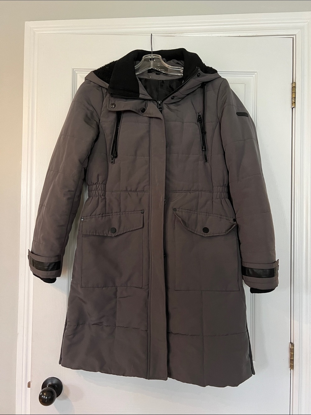 Lucky Brand Women's Long Gray Quilted Puffer Coat with Hood